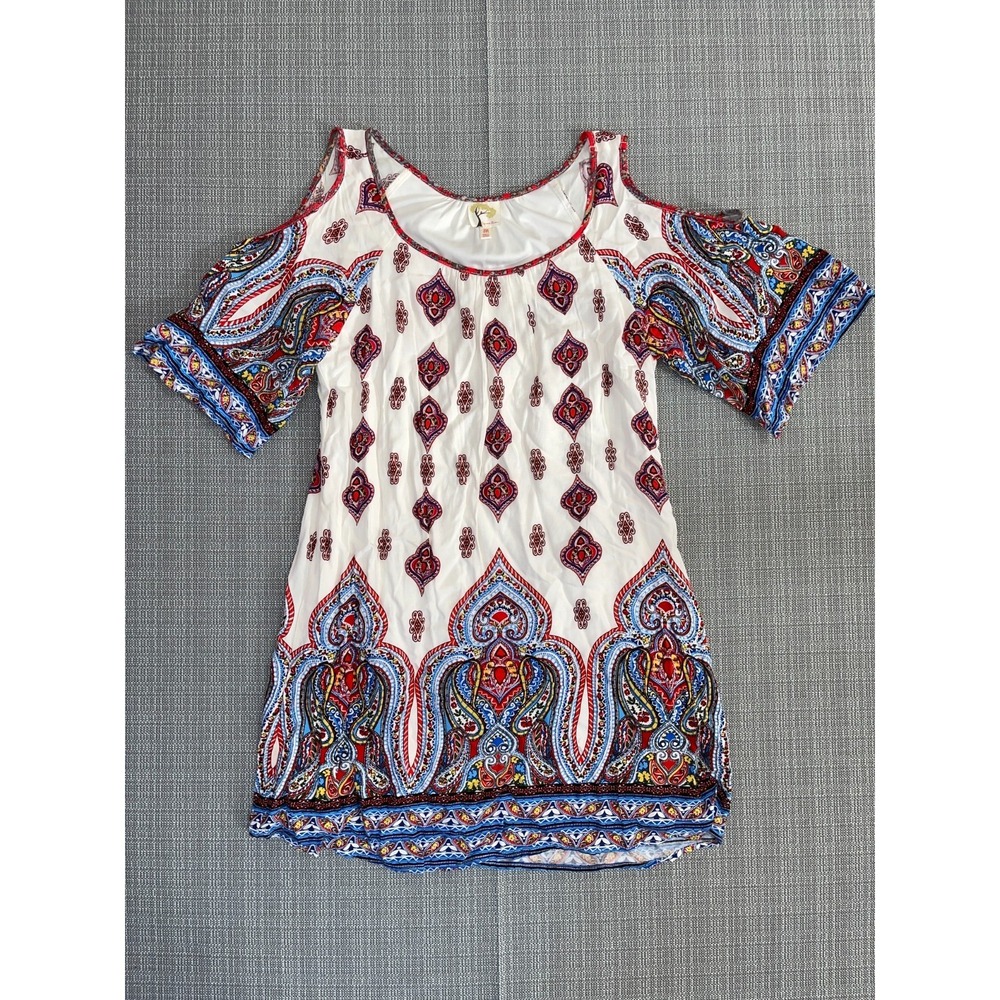 Fig & Flower Blouse Top Womens Medium Multicolor Floral Round Neck Pleated